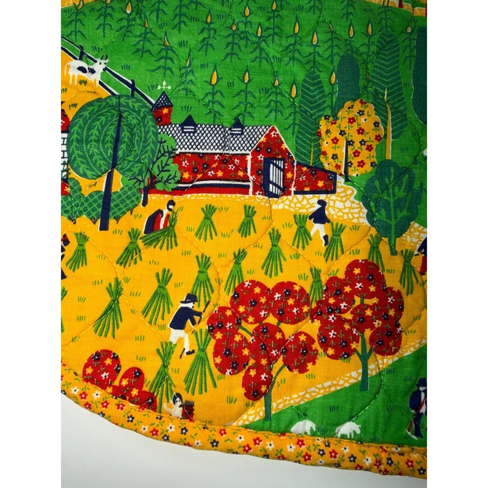 Farm Folk Art Quilted Placemats Green Yellow‎ Set of 4 Cottagecore Farmer Calico